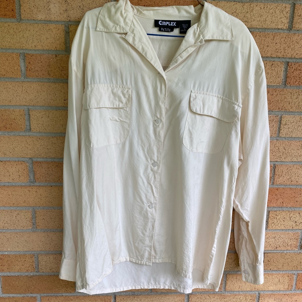 The Complex 100% Silk White Button Down Shirt Petite L